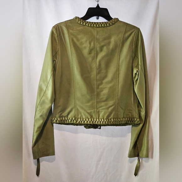 MARGARET GODFREY/St. John Olive Green Leather Zip Front Lined Jacket Size 6 - Picture 2 of 11
